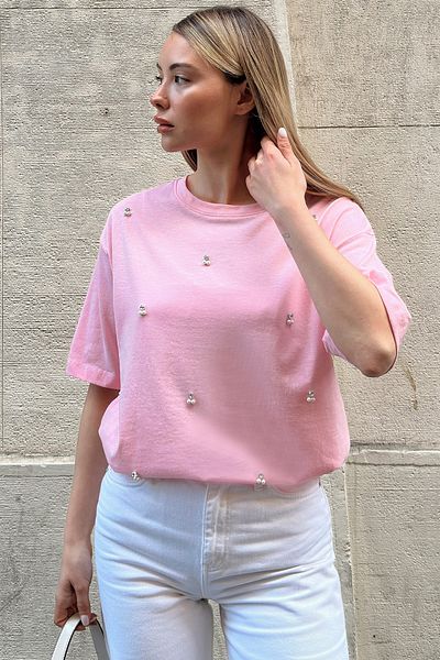 VAGGON Women's Pink Crew Neck Oversize Pearl and Stone Embroidered T-Shirt Prmx11964