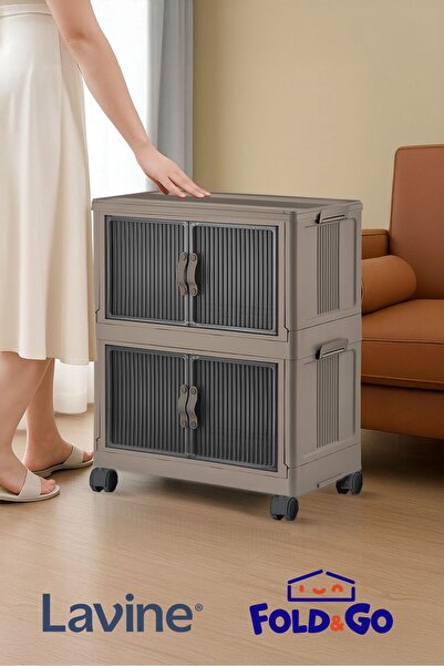 obido Fold&Go 2'Lü Portatif Organizer Tekerlekli Dolap ”Toprak” Çok Amaçlı Mıknatıs Kapaklı Katlanır