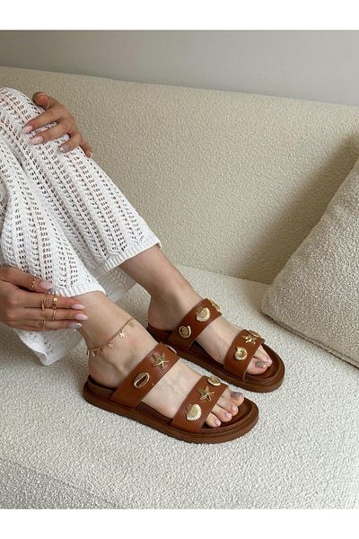ERVANIN BUTİĞİ Tan Skin (Sorry) Gold Seashell Slippers