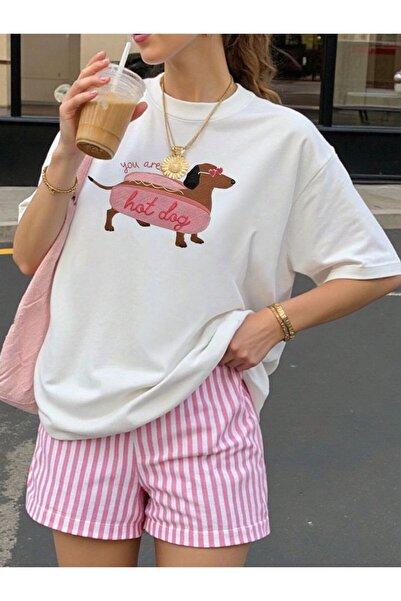 Carlson Beyaz Unisex Hot Dog Baskılı Oversize T-Shirt