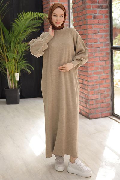 hafsamina Balloon Sleeve Knitwear Dress Mink Hm2522