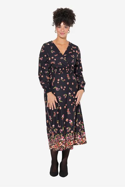 Şans Women's Plus Size Black, Long Sleeve Sleeve Mouth Kkroşeta Detail, Wrap Collar Dress 65N38991