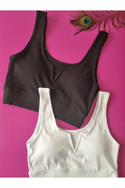 Demirsa Boutique Modelled, Ribbed 2 Pieces Black and White Color Removable and Attachable Padded Camisole Women's Bustier