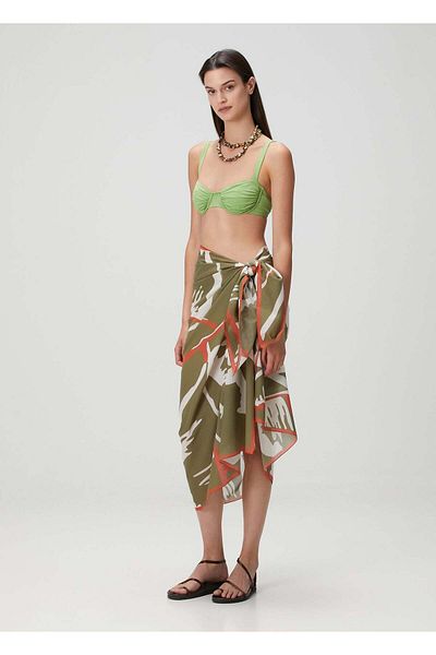 Barine Leaf Patterned Cotton Pareo & Sarong Oil Green