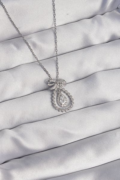 Skygo 316L Steel Silver Color Bow Detailed Zircon Stone Drop Model Necklace - Tj-Bko8930