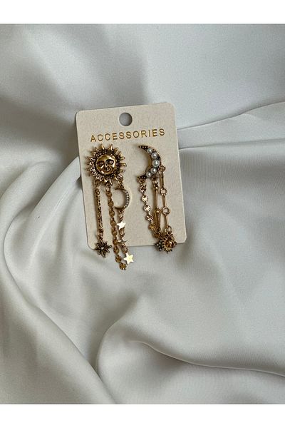 Liyajewellery Sun Moon Star and Pearl Detailed Dangle Earrings