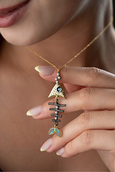 Silvano Jewelry 925 Ayar Gümüş İncili Balık Kılçığı Kolye