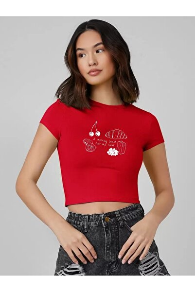 OVER HEAD تي شيرت نسائي قصير مطبوع عليه كرواسون الكرز