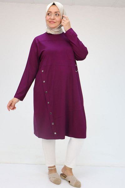 Eslina 58045 Large Size Combed Cotton Tunic with Fastening Button Detail - Plum
