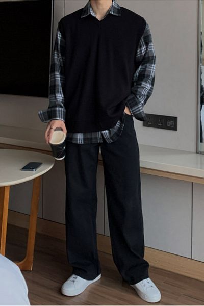 Tarz Cool Men's Black V-Neck Oversize Sweater