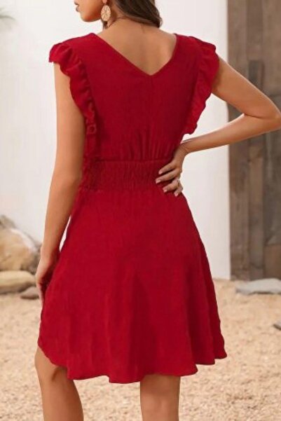 Mossta Double Breasted Collar Elastic Waist Aerobin Dress - Red