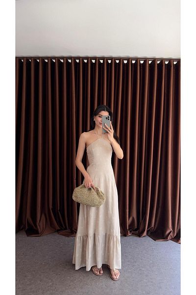 HAZELANNA Beige Dress with Embroidery Look