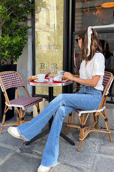 thesunfyre بنطلون جينز ليكرا عالي الخصر بقصة إسبانيول زرقاء للنساء