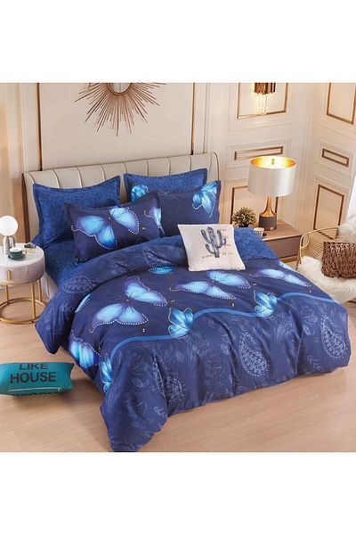 trendyhome Double Bed Linen with Elastic, Finet, 6 Pieces, Butterflies, Blue, J14756-ELASTIC