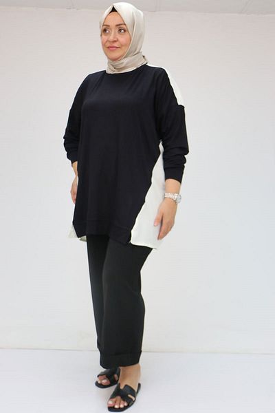 Eslina 58056 Large Size Combed Cotton Tunic with Solid Color Garnish on the Sides - Black