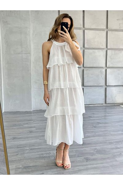 Coral Tie Collar Sleeveless Layered Dress Ecru