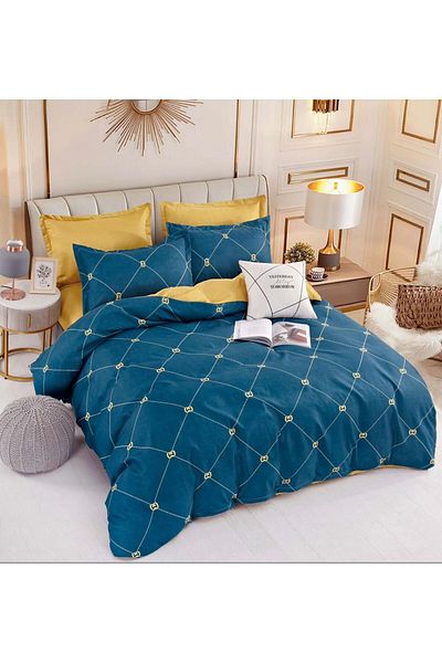 trendyhome Double Bed Linen with Elastic, Finet, 6 Pieces, Hearts, Blue/Yellow, J23430-ELASTIC