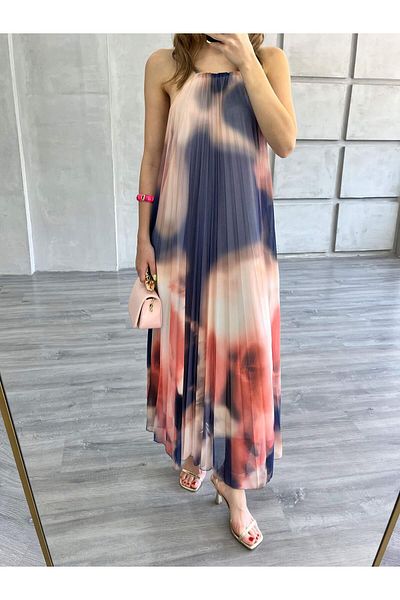 Coral Thin Strap Tie-Dye Patterned Dress Brown