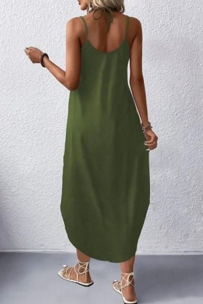 Mossta Slim Strap V-Neck Casual Viscose Dress - Green