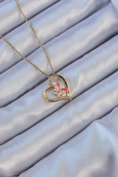 Skygo 316L Steel Chain - Gold Colored Butterfly Figured Zircon Stone Heart Necklace - Tj-Bko9107