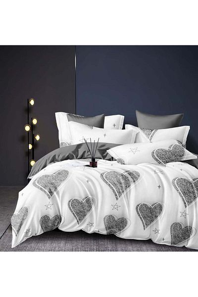 trendyhome Double Bed Linen with Elastic, Finet, 6 Pieces, Hearts, White/Grey, J23429-ELASTIC