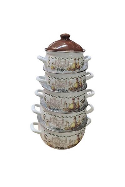 OEM 10-piece pot set, Savasan, White/Brown with pattern, Enamel
