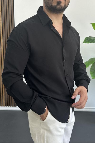 Edwox Ανδρικό μακρυμάνικο πουκάμισο από ύφασμα βισκόζης μαύρο Edw391