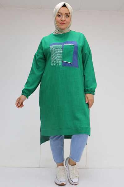 Eslina 58011 Large Size Linen Tunic with Tie Hem and Stone Detail on the Front - Beneton