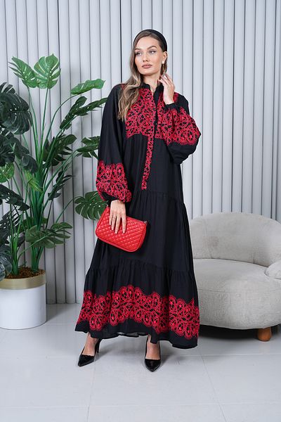 EL jadida Women's Plus Size Hijab Viscose Dress Black Red
