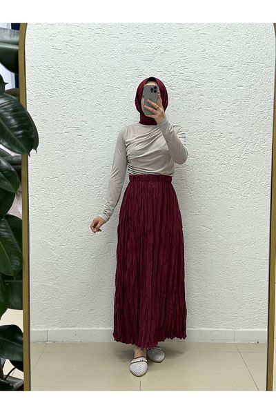 MİHRA STORE Tirola Wrinkled Fabric Skirt-Kn4514 Burgundy