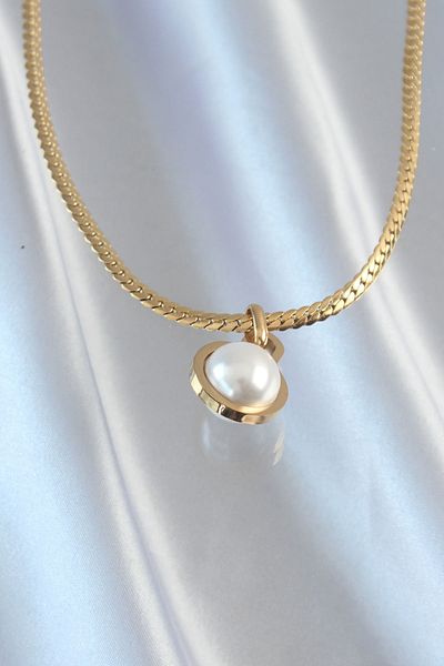 Skygo Gold Colored 316L Steel - Flat Chain and Pearl Stone Detailed Necklace - TJ-BKO8903