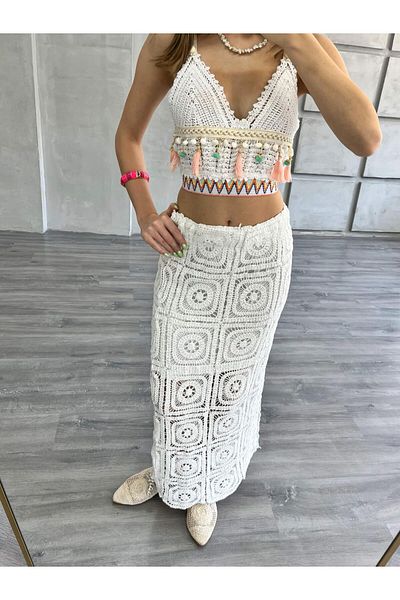Coral Tasseled Crop Skirt Set Ecru