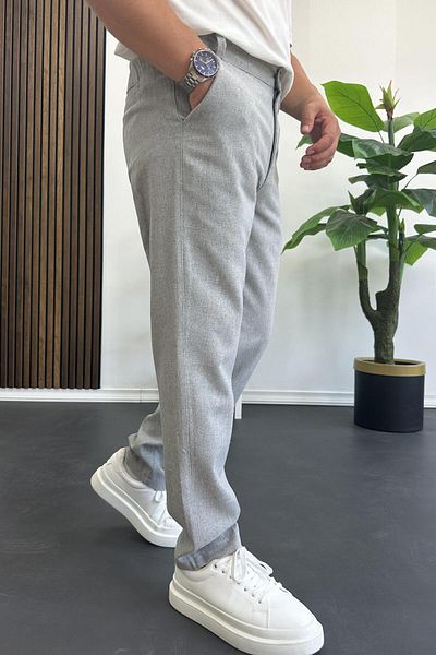 Edwox Men's Regular Cut Linen Trousers Gray Edw386