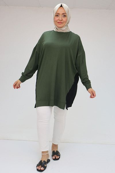 Eslina 58056 Large Size Combed Cotton Tunic with Solid Color Garnish on the Sides - Khaki