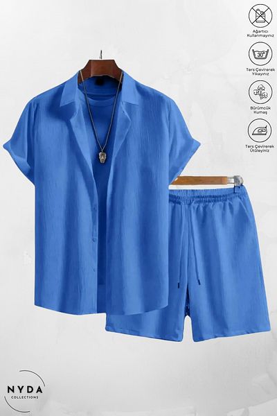 Nyda Collections Men's Crinkle Fabric Wrinkle Suit Summer Buttoned Short Sleeve Shirt and Lace up Shorts Suit with Pockets