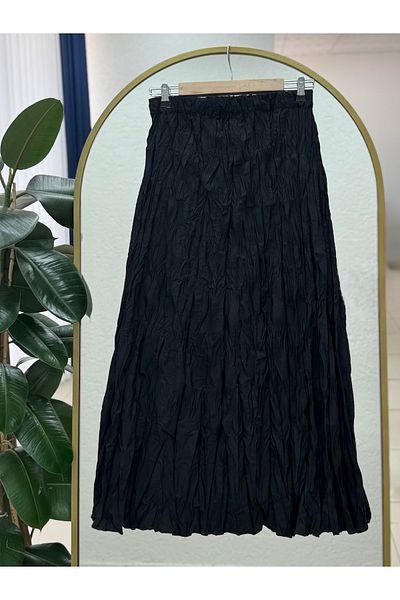 MİHRA STORE Tirola Wrinkled Fabric Skirt-Kn4514 Black
