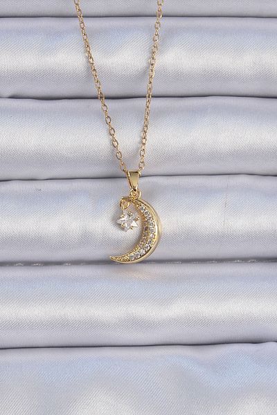 Skygo Gold Colored 316L Steel Zircon Stone Dangle Moon Star Necklace - Tj-Bko9061