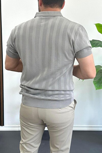 Edwox Men's Open Collar Patterned T-Shirt Gray Edw385