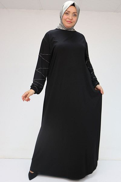Eslina 52021 Large Size Grass Stone Detailed Combed Cotton Dress - Black