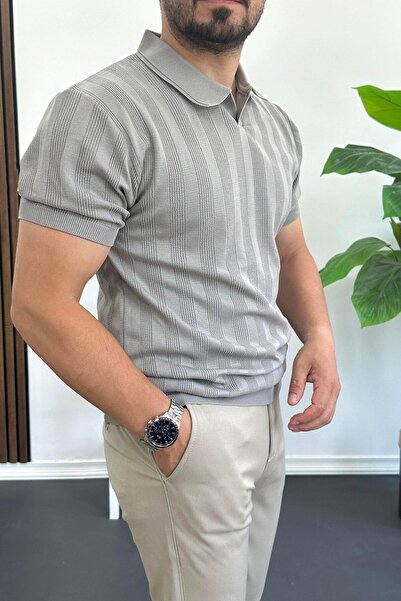 Edwox Men's Open Collar Patterned T-Shirt Gray Edw385