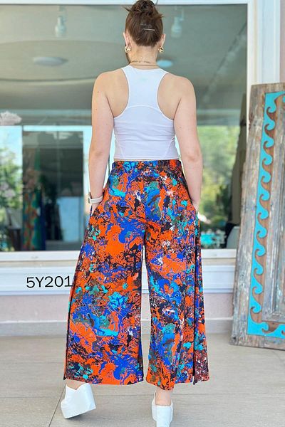 İnce Topuk Patterned Viscose Wide Leg Trousers 5Y201