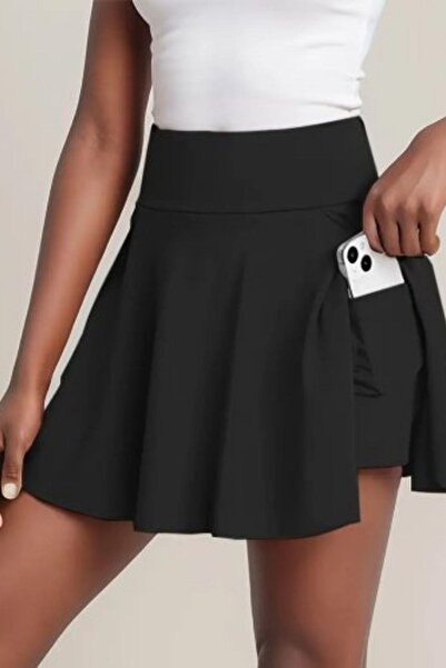 Mossta High Waist Pocket Detailed Sandy Shorts Skirt - Black