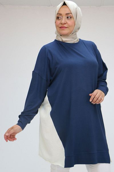 Eslina 58056 Large Size Combed Cotton Tunic with Solid Color Garnish on the Sides - Navy Blue