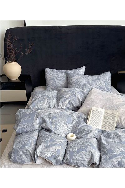 trendyhome Double bed linen with Elastic, 6 PIECES, Fine Cotton, Leaves, Blue, J244057-ELASTIC