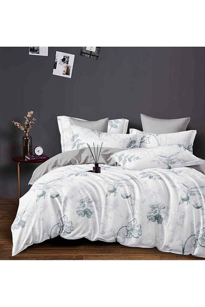 trendyhome Double Bed Linen with Elastic, Finet, 6 Pieces, Poppies, Grey/White, J24326-ELASTIC