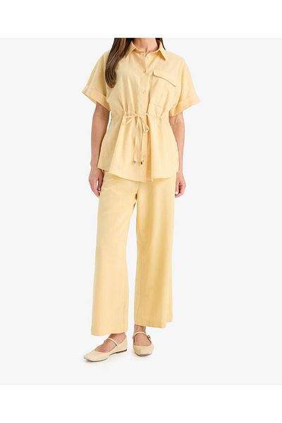 Kübra Tekstil Women S Yellow Short Sleeve Gathered Waist Shirt Dress – Stylish Design with Lightweight Summer Textured Fabric
