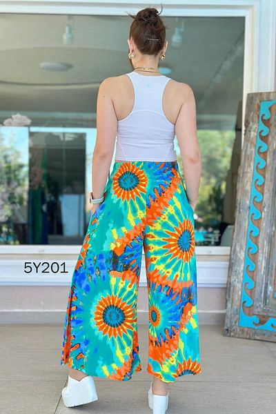 İnce Topuk Patterned Viscose Wide Leg Trousers 5Y201