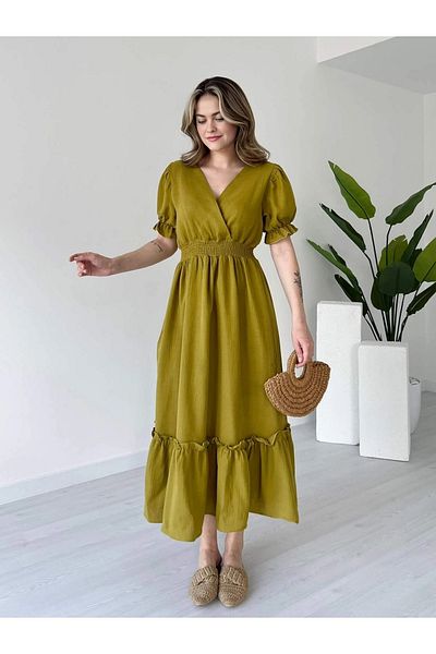 Dks Life Double Breasted Collar Waist Ruffled Long Muslin Linen Dress