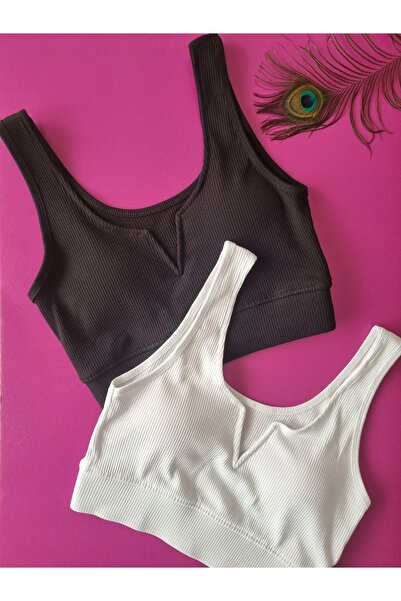 Demirsa Boutique Modelled, Ribbed 2 Pieces Black and White Color Removable and Attachable Padded Camisole Women's Bustier