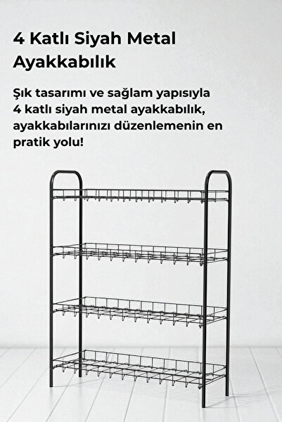 Sevinse Home Dört Katlı Siyah Metal Ayakkabılık, 4'lü Ayakkabı Düzenleyici Raf
